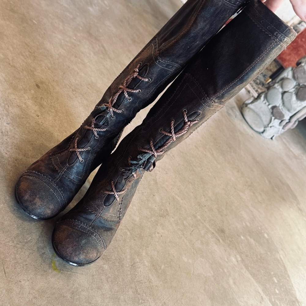 Monique Vintage Dark Brown Lace-Up Zipper Mid-Calf 3.5" Wood Heel Boots 8 - Picture 4 of 10